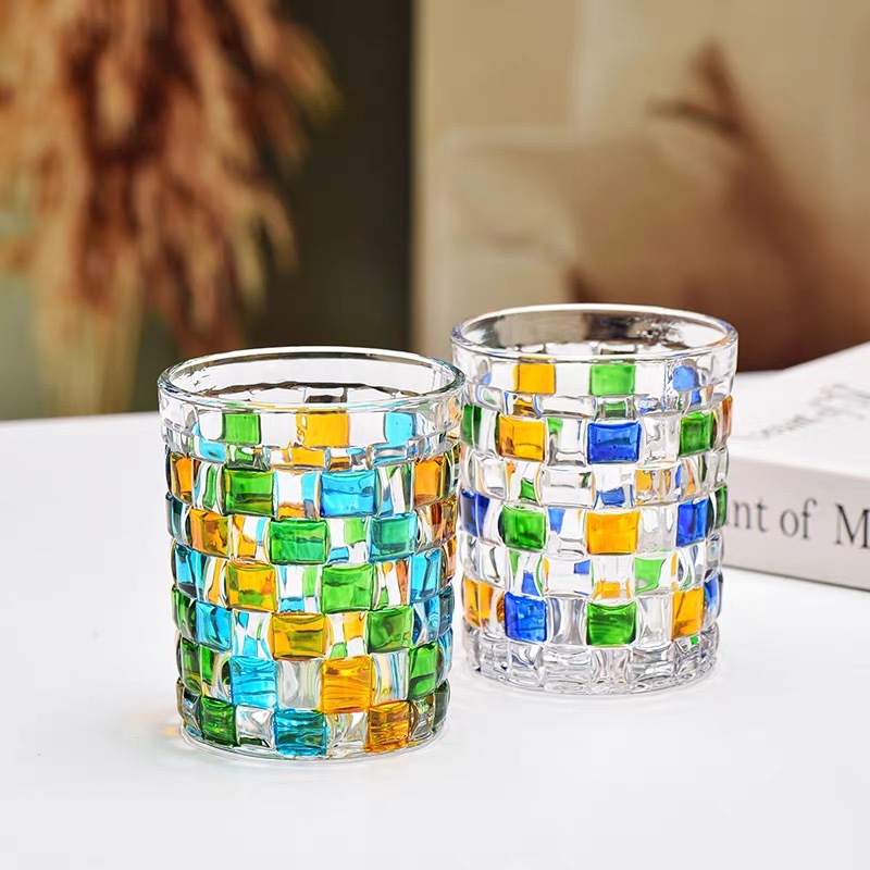 European-Style Creative Whiskey Beer Glass with Colorful Plaid Pattern